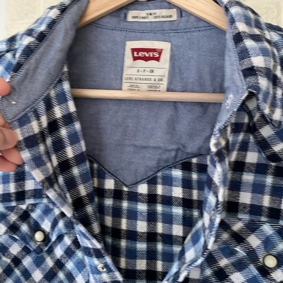 Levi’s Flannel Vintage & Western Style Gingham Blue & White Shirt Men’s SM Slim - Picture 13 of 17